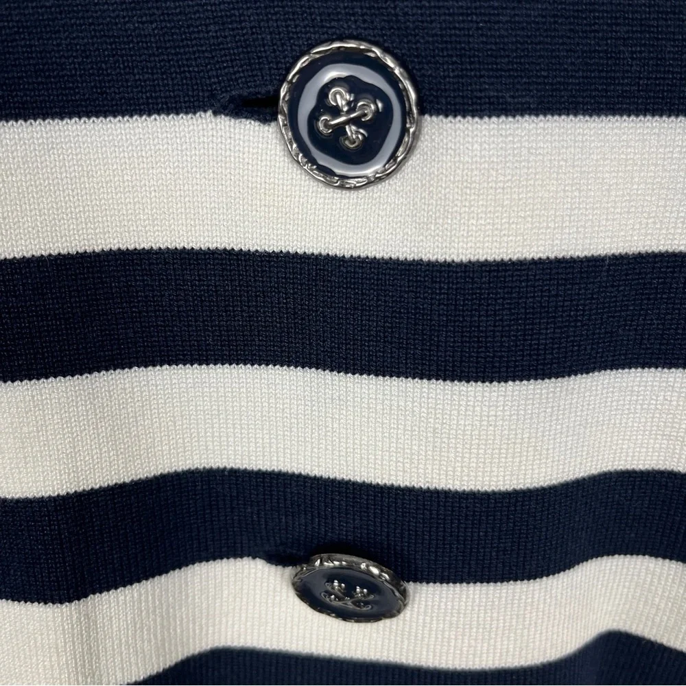 GIANNI BINI Women's Blazer Jacket Striped Dark Navy Blue White L Silk Blend Knit